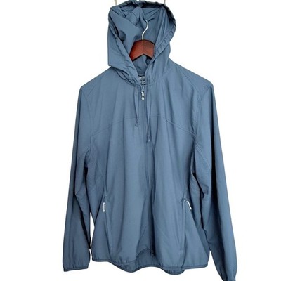 Coolibar Packable Sunblock Jacket Womens Large Blue UPF 50+ Hooded Full Zip