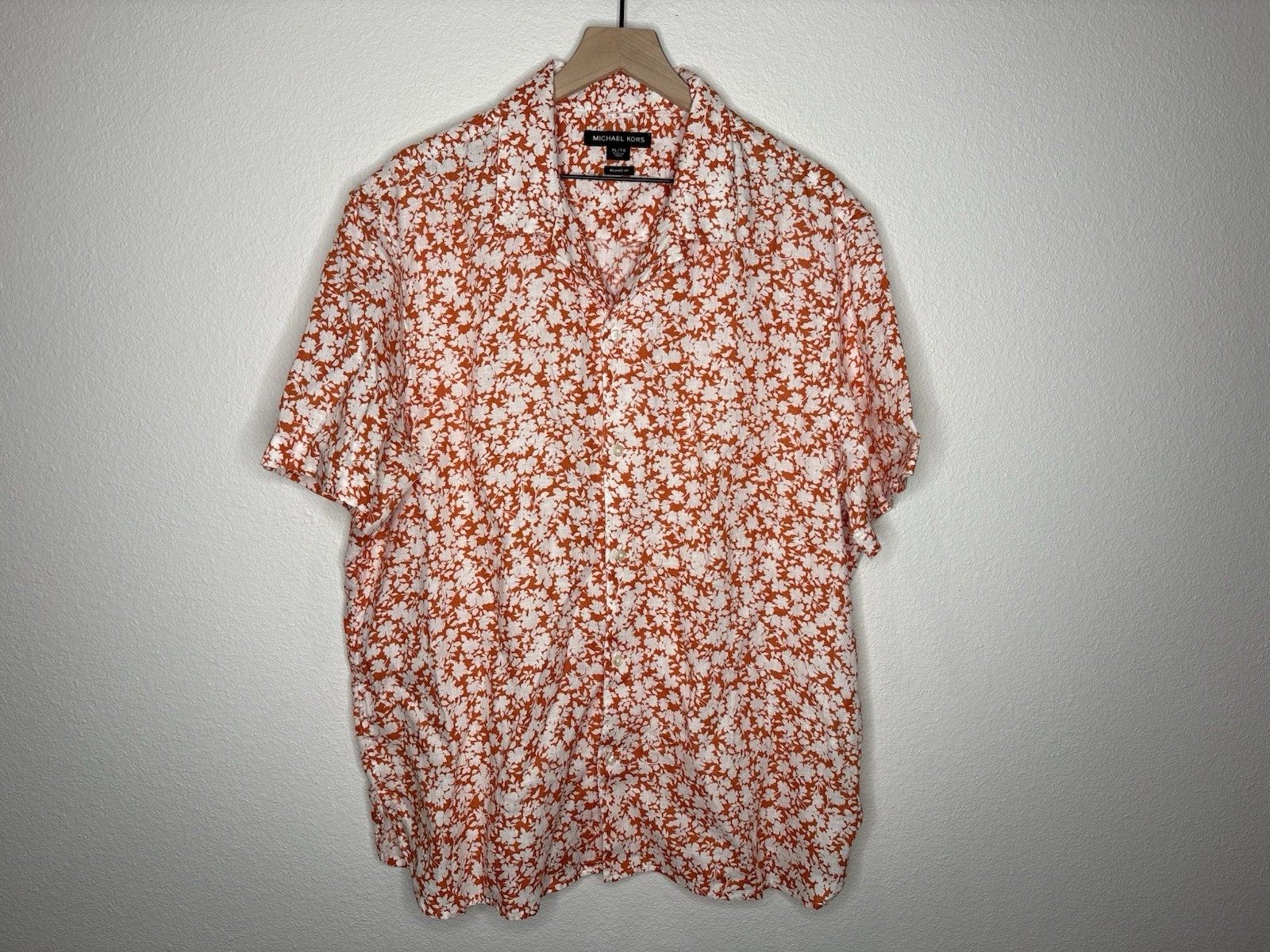 Michael Kors Mens Orange Floral 100% Linen Short Sleeve Button Shirt Size XL NWT