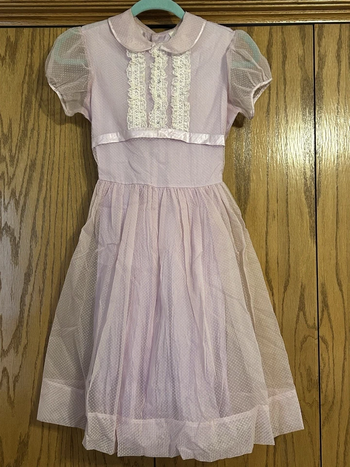 1950's Arlene Airess1638 Lavender Dotted Dress W Lace/Satin Trim Girls Size 14 - Image 2 of 4