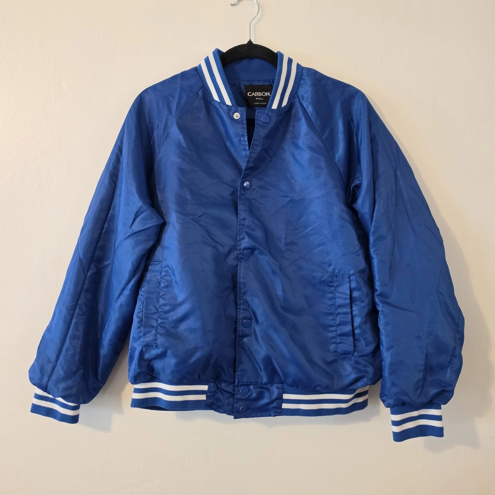 Carbon Men’s Blue White Varsity Jacket Snap Front Striped Collar/Cuffs Small - product detail image 8