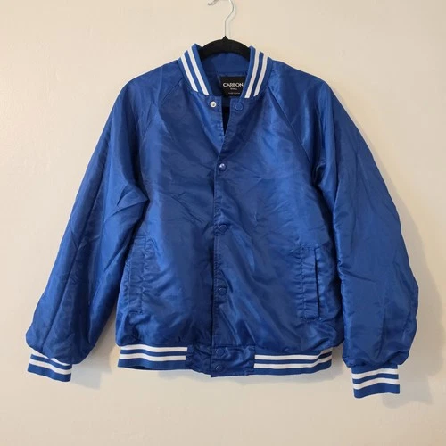 Carbon Men’s Blue White Varsity Jacket Snap Front Striped Collar/Cuffs Small image 8