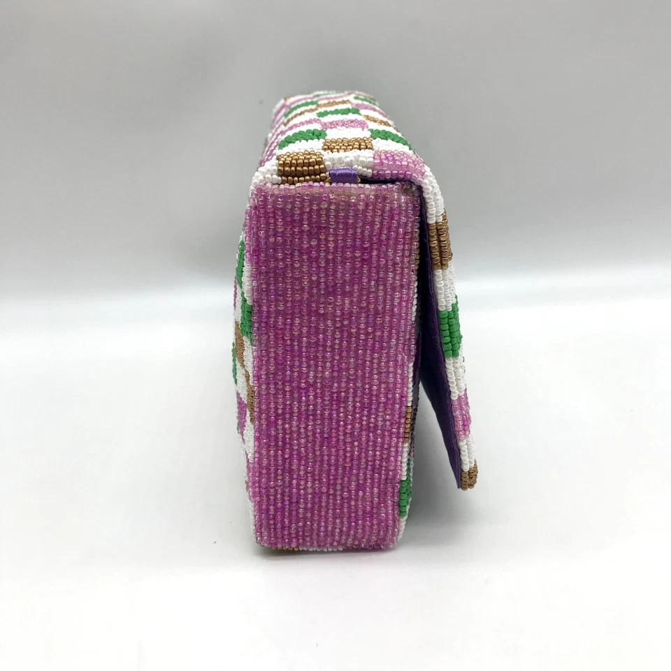Moyna Purple Beaded Mardi Gras Checkered Crossbody Bag - Image 3 of 4