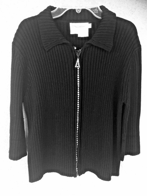 Belldini Black Rib-knit Cardigan Sweater w/ Rhinestone Zip and Pull Trim L | eBay