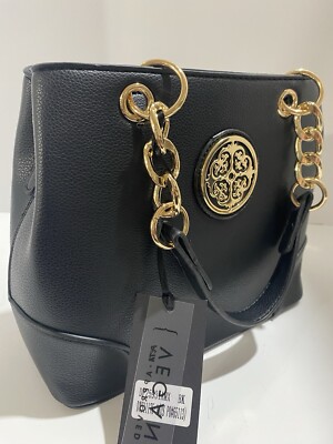 NWT Deluxity Black Vegan Leather Handbag Gold Chain Detail