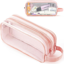 Large Grid Mesh Pencil Case 2 Compartments, Clear Pen Pencil Pouch with Zipper,