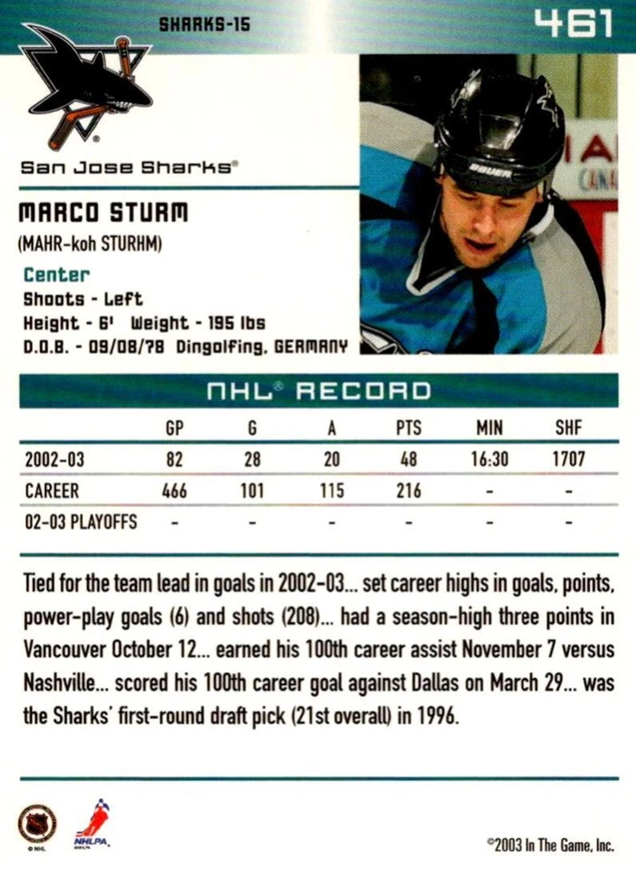 2003-04 In The Game Action Marco Sturm San Jose Sharks #461 - Image 2 of 2