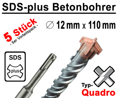 5 Stück SDS-plus Betonbohrer 12 x 110 mm Quadro Bohrer Hammerbohrer Steinbohrer