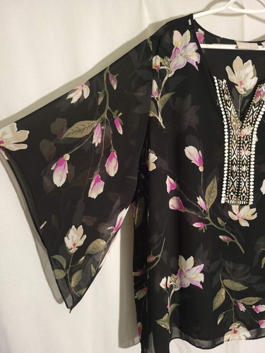 Belle Kim Gravel-Black White Purple Green Floral Semi-Sheer Embroidered Top-3X - Picture 3 of 6