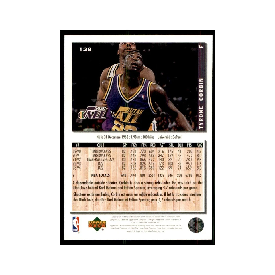 1994 Upper Deck Collector's Choice Tyrone Corbin Jazz #138 - Image 2 of 3