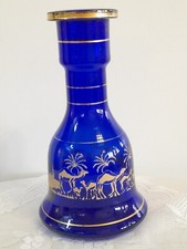 Vaso Base Vintage Bohémien Vetro Blu Cobalto Dipinto  Oro Vtg 