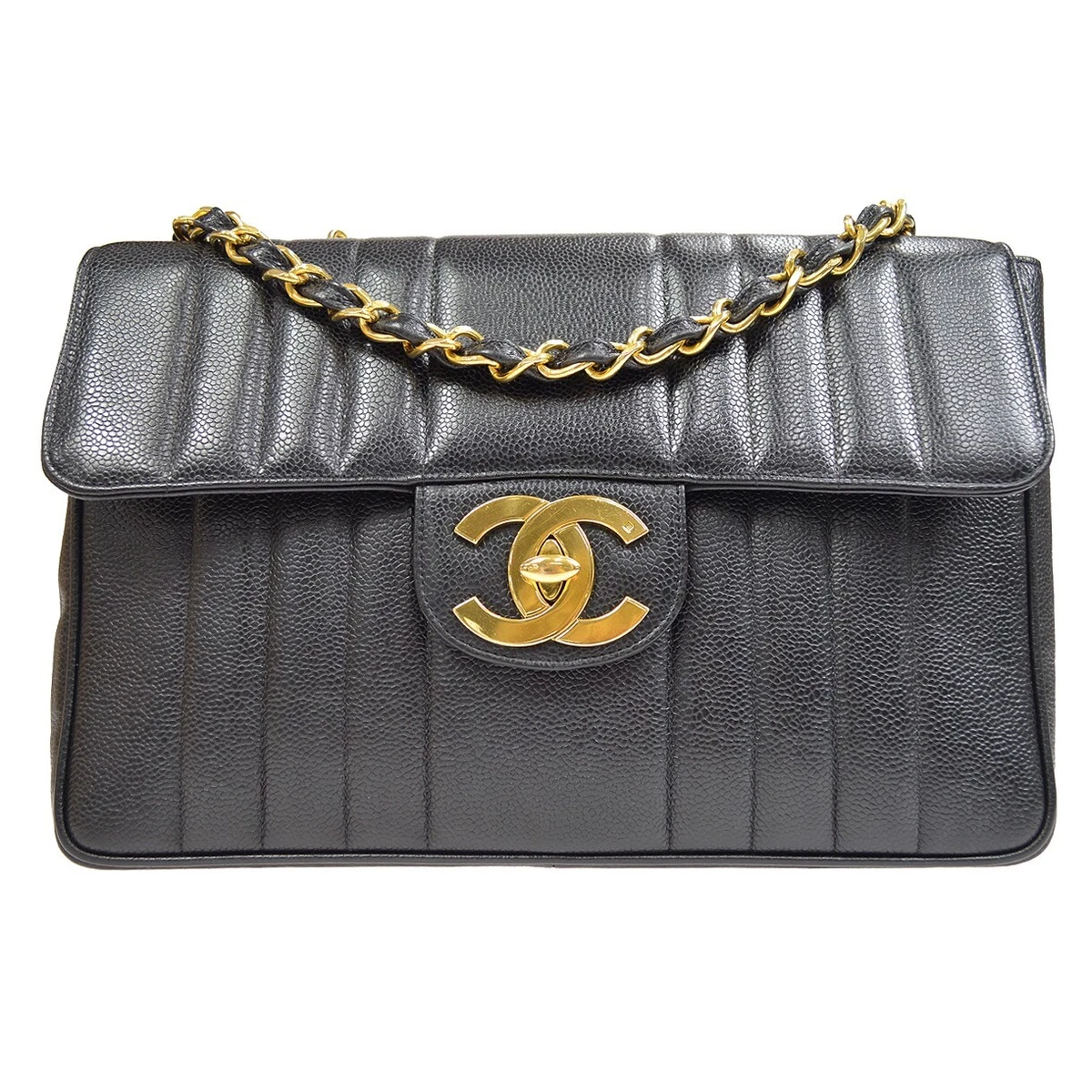 Chanel Vintage Black Caviar Leather Jumbo Vertical Quilted Single