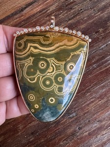10k  Gold Collector Rare and Beautiful Coloration Ocean Jasper  Pendant Diamonds
