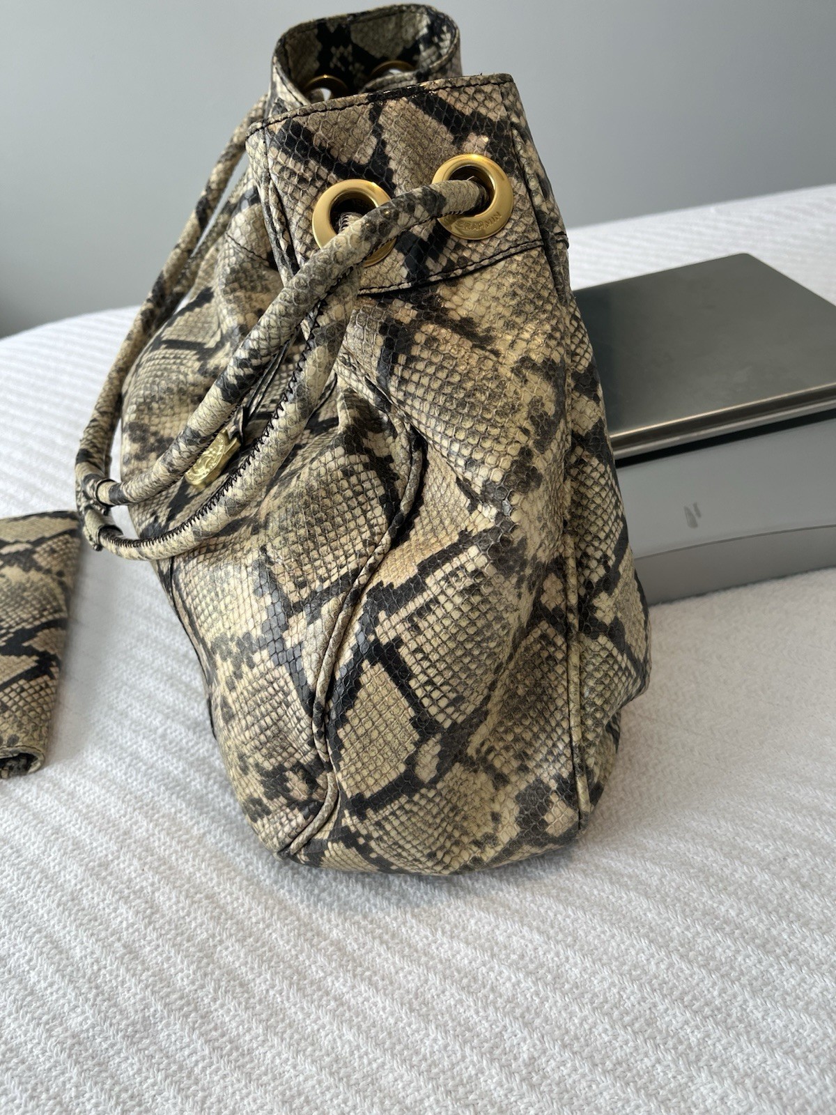 Brahmin Python Drawstring Emb Leather Bucket Styl… - image 3