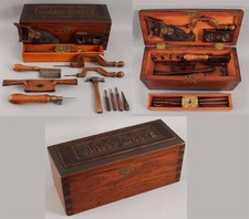 c1900 Antique Folk Art Hand-Carved Wood Childs Woodworking Tool Set Toolbox Toy