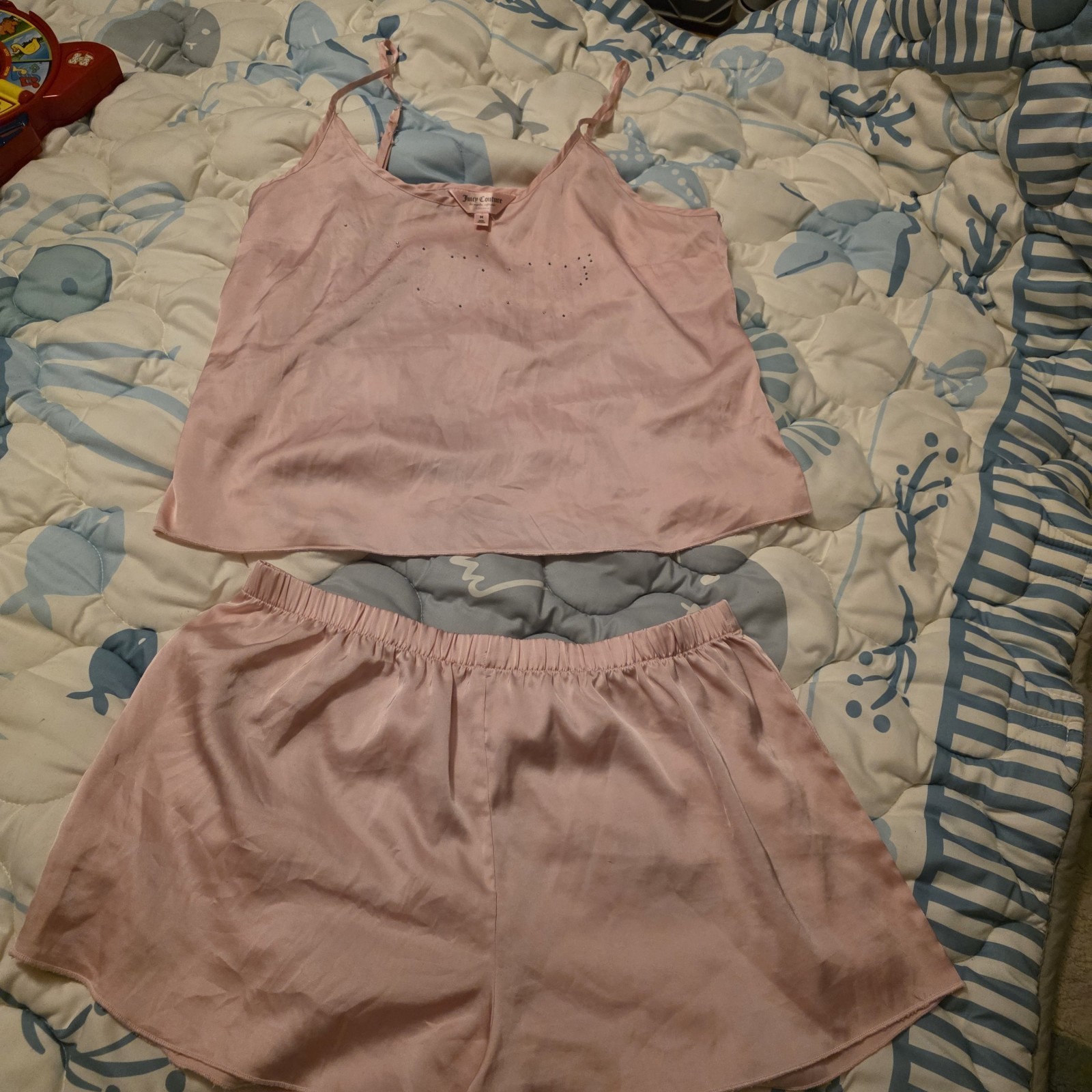 Juicy Couture Pink Satin Rhinestone Pajama Set M Cami Sleeveless V-Neck