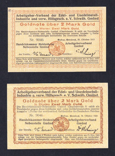 Schw. Gmünd Handelskammer / Arbeitgeberverband 2 x 2 Mark Gold Varianten
