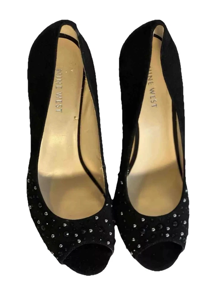Tacones de cuero formales Nine West talla 8 gamuza negra estrás punta abierta Foto 2 de 4
