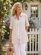 Chico s Womens Linen Eyelet Jacket Size S Pale Peach 1/2 Sleeve Pocket Cottage