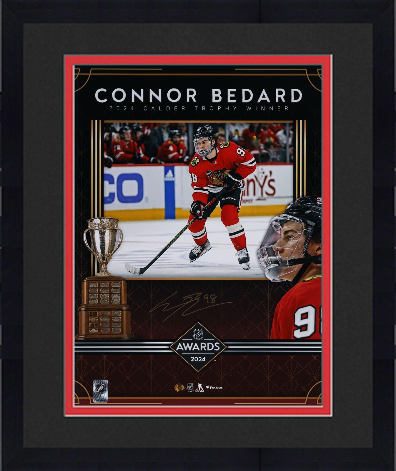 Connor Bedard Autographed Signed Chicago Blackhawks Framed Blackhawks 16x20 2024 Calder Trophy Stylized Photo 