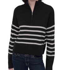 DKNY Womens Striped Quarter Zip Sweater Black White Knit Pullover Small