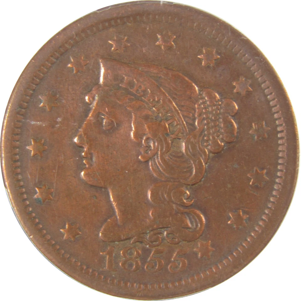 1855 Knob on Ear Braided Hair Large Cent VF30 Details ANACS SKU:I20099 - Image 3 of 4