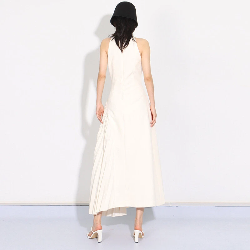 OFF WHITE Abito lungo donna francese colletto a punta senza maniche asimmetrico grande swing dress