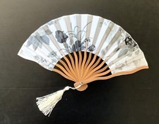 SILK HAND FAN Japanese 7" Black  White Flowers Folding Pocket Purse Asian - NEW