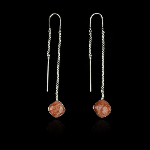 Natural Sunstone Gemstone Silver Plated Long Dangle Threader Earrings For Women - Picture 2 of 15