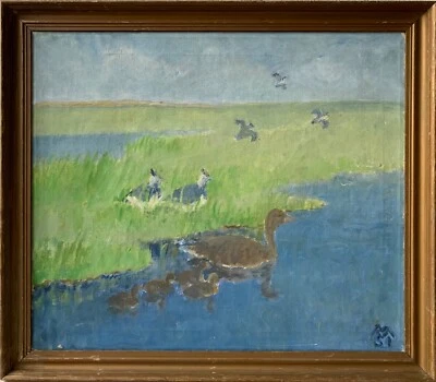Ölbild impressionist Viggo Madsen 1951 Uferlandschaft mit Vögeln Skandinavien - Bild 1 von 4