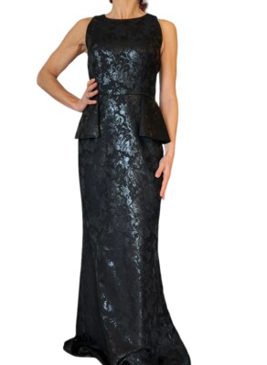 carmen marc valvo peplum dress Womens Carmen Marc Valvo Peplum Sleeveless Brocade Shimmer Black Evening  Gown 4