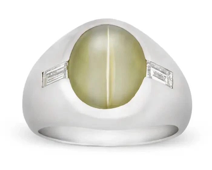 Anillo de fiesta solitario simulado verde claro crisoberilo y zafiro elegante para hombre Foto 3 de 4