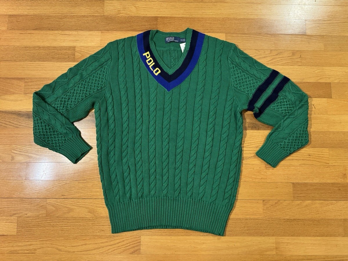 New XXL Polo Ralph Lauren Cable Knit Green Cricket Tennis V-Neck