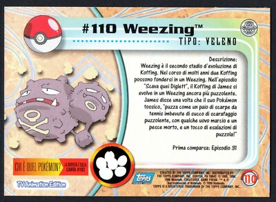 WEEZING CARD #110 POKEMON TRADING CARD COLLECTION TOPPS 1999-2000