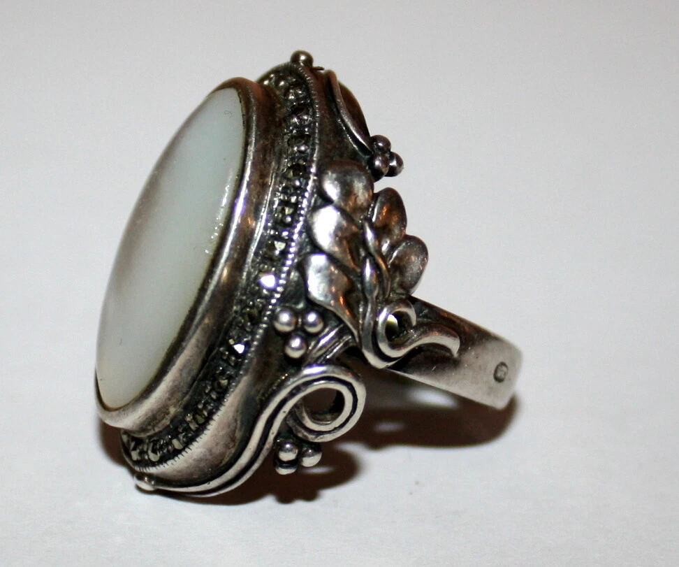 Bague Ancienne En Argent 925 Et Nacre - Taille 50, Style Alliance
