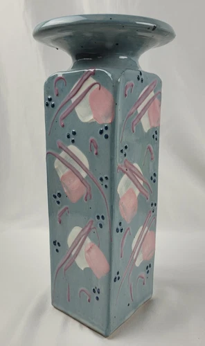 Vintage Retro 1980s Cunningham Pottery Vase Abstract Design Blue White Pink