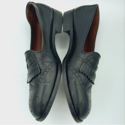 Vtg VALENTINO SHOES Men Black Leather Loafers Marikina Philippines 70-80s Sz 8.5 Valentino Vintage Shoes Mens 8.5 Black Calf Leather Kiltie  main image 3