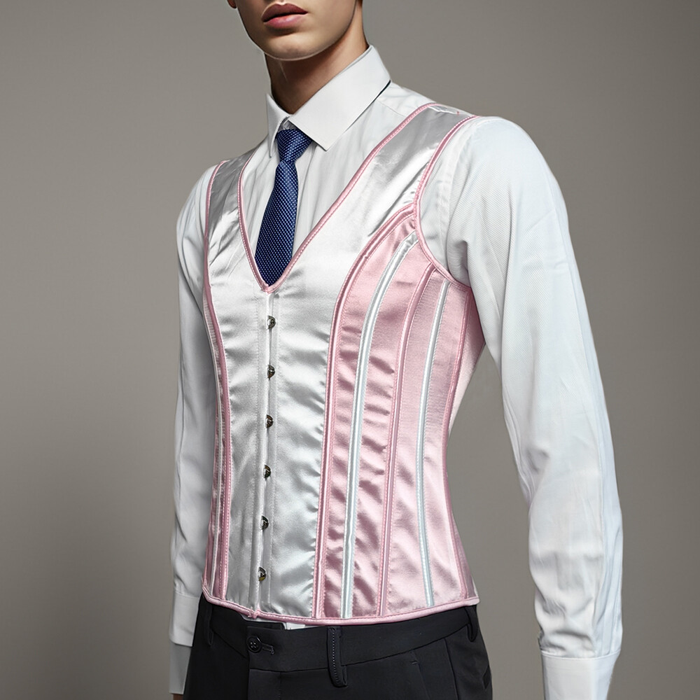 Men Corset Vest Vintage Dress Waistcoat Pink Lace Up Boned Tops Stage  Costume