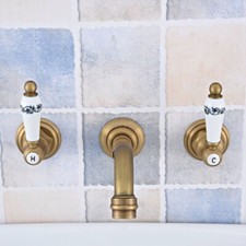 Antique Brass Wall-mounted Bathroom Basin Faucet Dual Ceramic Handles Mixer Tap