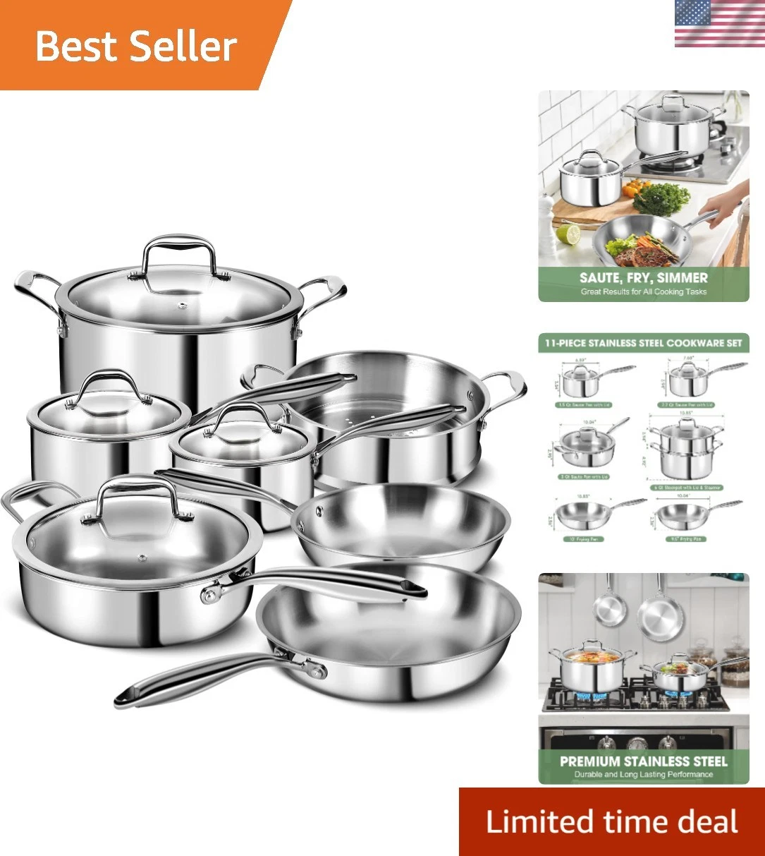 3 Ply Stainless Steel 11-Piece Cookware Set with Lids, Pots and Pans Kitchen ...
Opens in a new wind