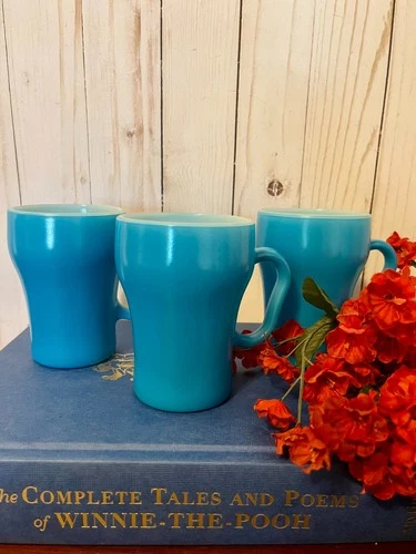 Vintage Anchor Hocking Blue Mug~Fire King Oven Proof Mug~Set of Three~Milk Glass