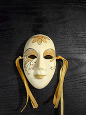 Venetian Masquerade Full Face Mask White/Gold Ribbon Ties Adjustable One Size
