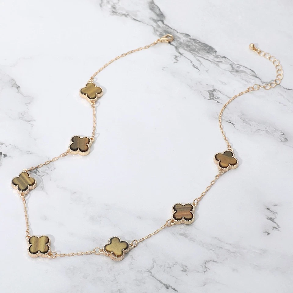 Colar estação trevo olho de tigre tom dourado corrente longa declaração joias - Imagem 2 de 3
