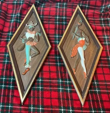 MCM Midcentury TruArt Harlequin Jester Diamond Shaped Wall Art Decor Pair