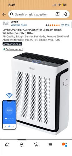 Levoit Smart HEPA Air Purifier for Bedroom Home 104㎡, Washable Pre-Filter, Air Q