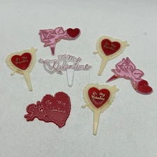 Lot 6 Vintage Valentine Cupcake Picks Cake Toppers Pink Red Plastic Craft Supply