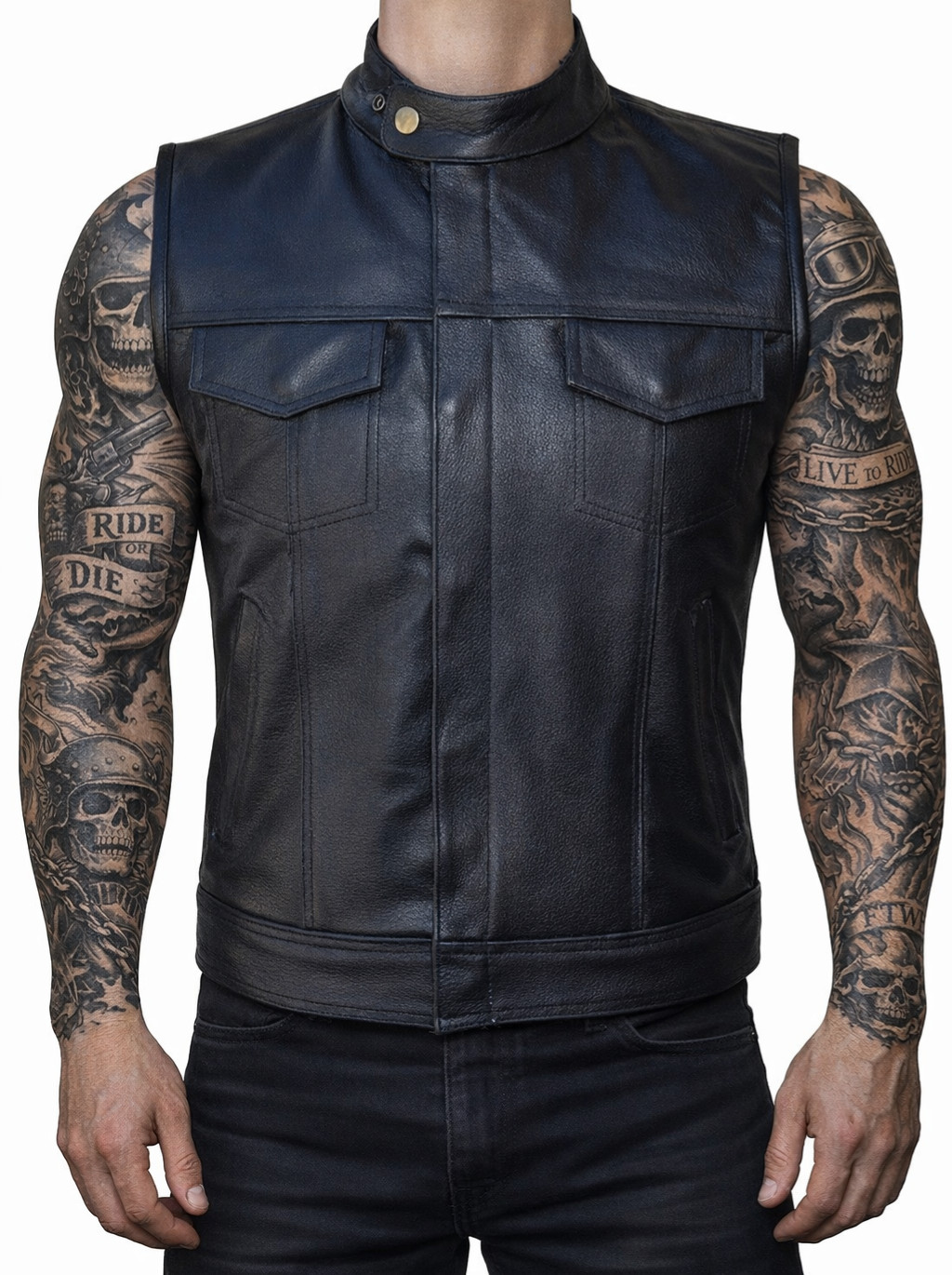 Gilet bolero cuir biker homme Sons of Anarchy noir taille L