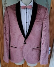 NOOSE & MONKEY MENS PINK VELVET SLIM TUXEDO LOOK SUIT JACKET BLAZER 42R +BOW TIE
