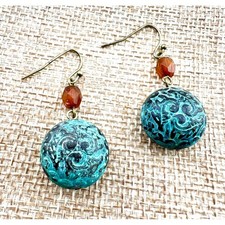 Glass Beaded Drop Earrings Turquoise Burnt Orange NEW