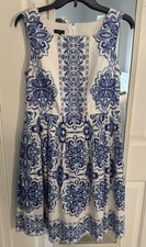 TALBOTS Petite Dress Blue White Floral Summer  Sleeveless Aline Lined Summer
