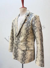 Mens Leather Coat Snake Skin Print Blazer Jacket Python Print Party Coat Premium